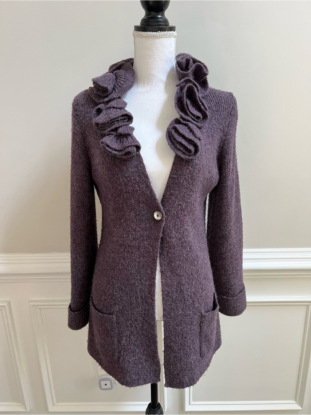Soft Surroundings Purple Alpaca Wool Blend Rosette Ruffle Cardigan Sweater SZ S